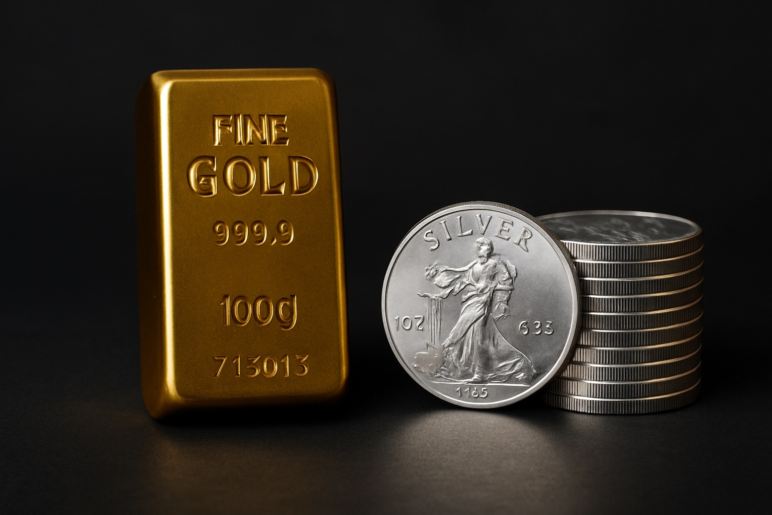 Goldbarren und Silbermünzen nebeneinander als Symbol für Investmentvergleich Gold vs. Silber.