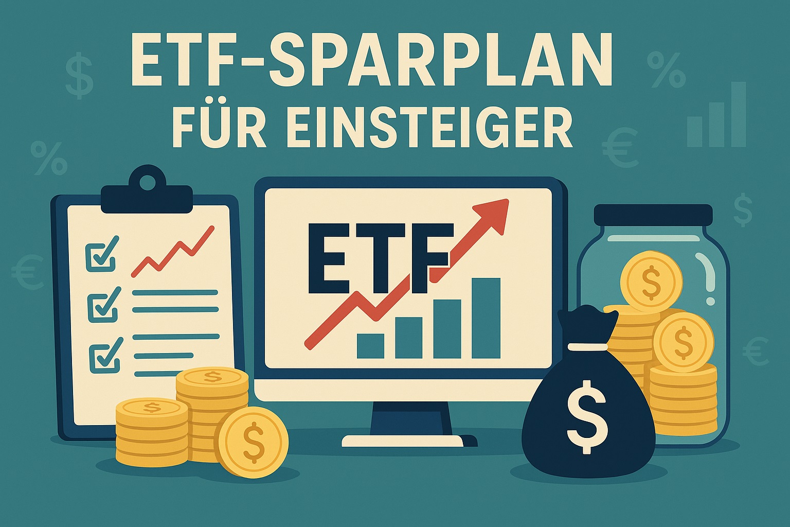 Infografik zum Thema ETF-Sparplan für Einsteiger: Checkliste, steigender Kursverlauf, Geldmünzen und Sparglas, als Symbol für Vermögensaufbau mit ETFs