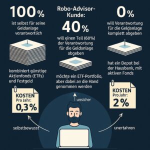 Infografik zeigt drei Anlegertypen mit ihren jährlichen Kosten: Selbstentscheider (0,3 %), Robo-Advisor-Kunde (1 %), Filialbankkunde (2 %) – in Abhängigkeit von Erfahrung und Verantwortungsgrad.