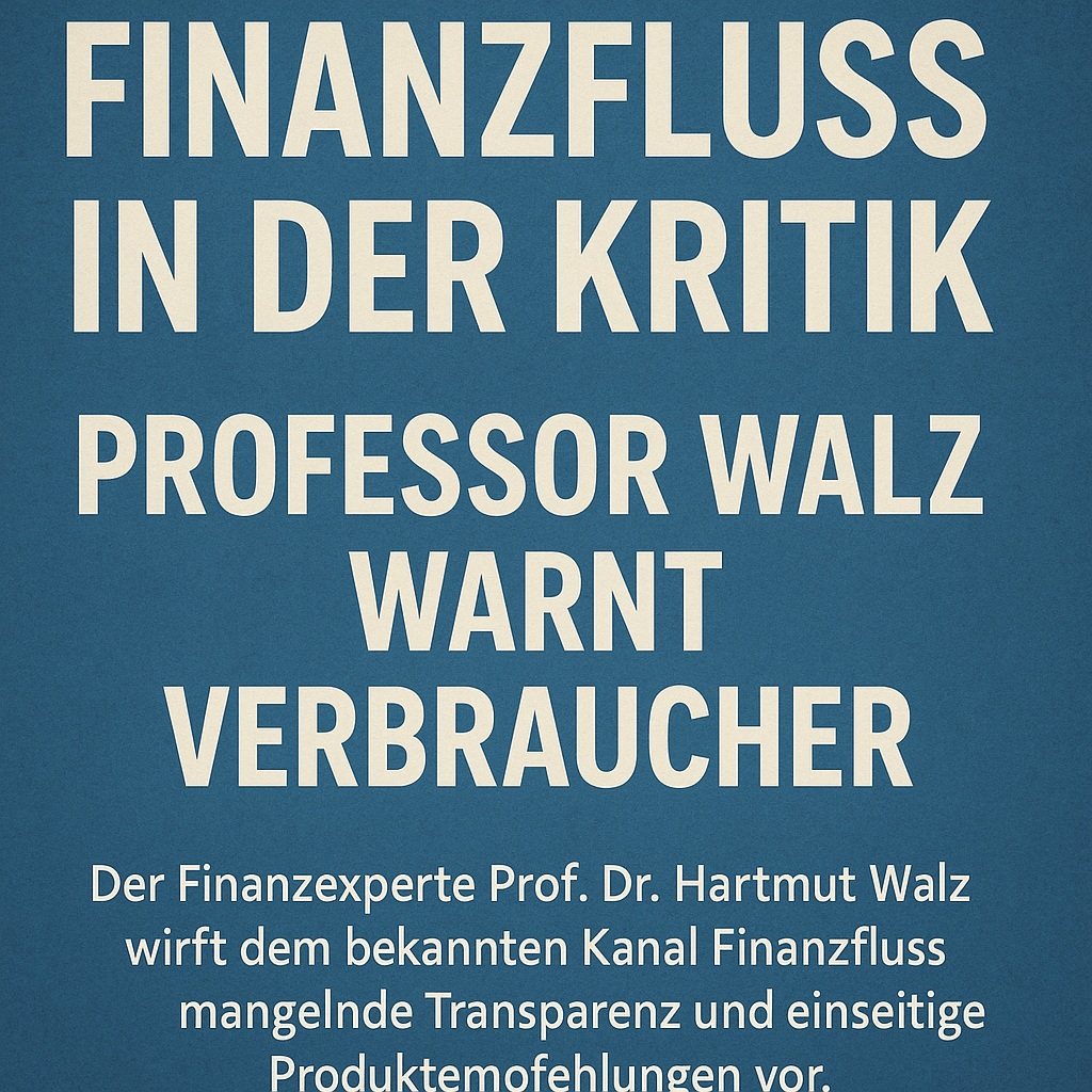 Illustration mit Schriftzug „Finanzfluss in der Kritik – Professor Walz warnt Verbraucher“ als Hinweis auf mögliche Interessenkonflikte und Intransparenz