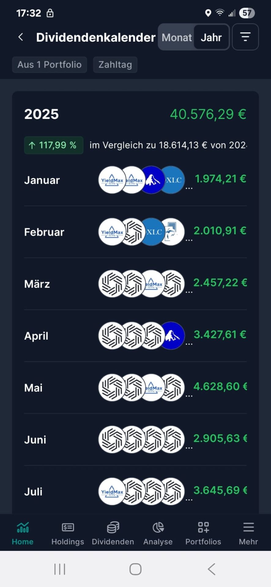 Screenshot des Parqet Dividendenkalenders in der mobilen App mit Übersicht geplanter Dividendenzahlungen