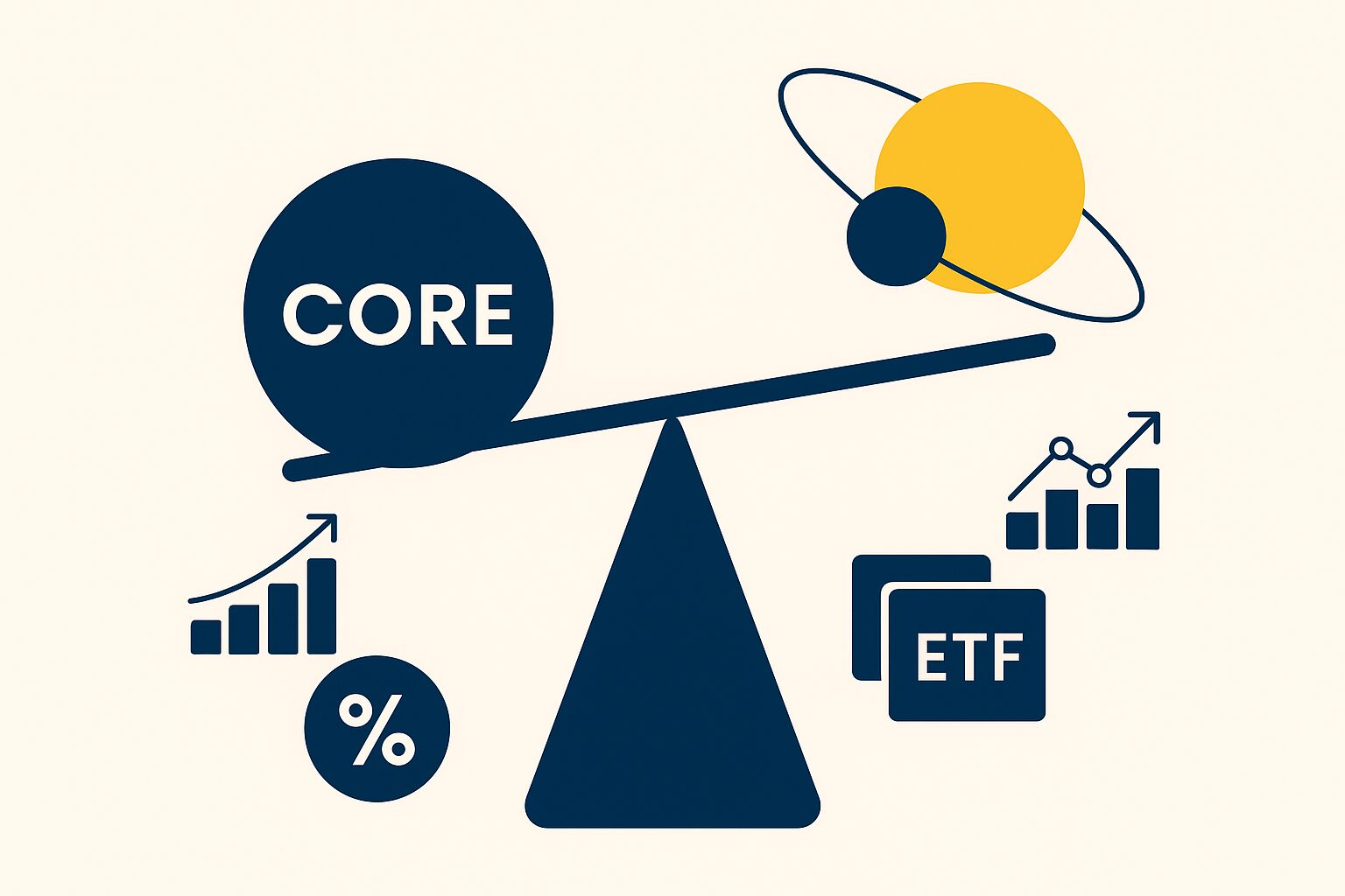 Illustration mit zentralem Kreis (Core) und umlaufenden Symbolen (Satellites) zur Visualisierung der Depotstruktur