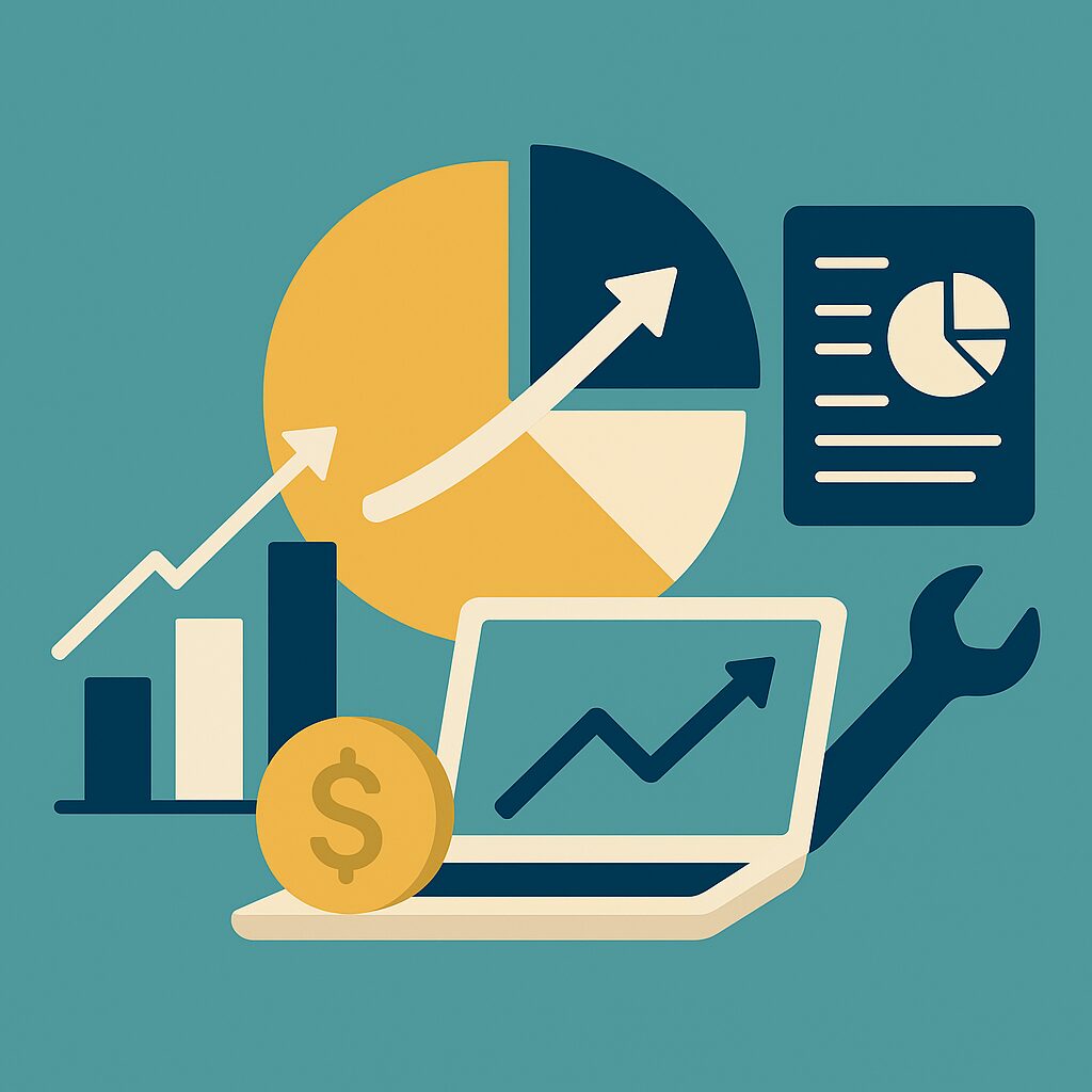 Vektorillustration mit Waage, Diagrammen und ETF-Symbolen zur Darstellung des Rebalancing-Prozesses im Depot