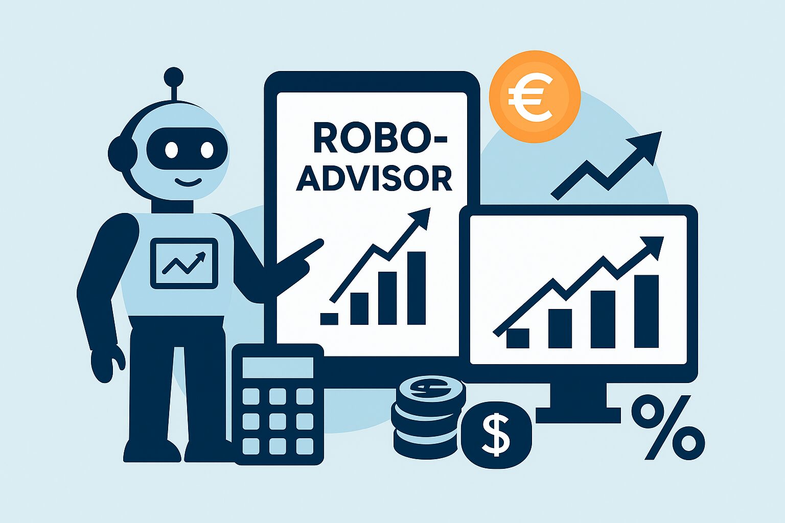 Illustration eines Roboters mit Finanzgrafiken, Monitor und Diagrammen zur Darstellung von Robo-Advisors und digitaler Vermögensverwaltung