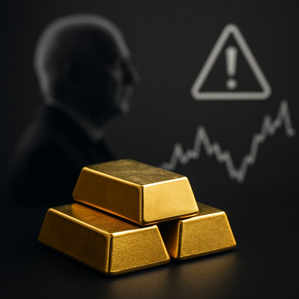 Drei Goldbarren im Vordergrund, im Hintergrund die Silhouette eines älteren Mannes und ein Warnsymbol – Symbolbild für das Risiko von Goldanlagen im höheren Alter.