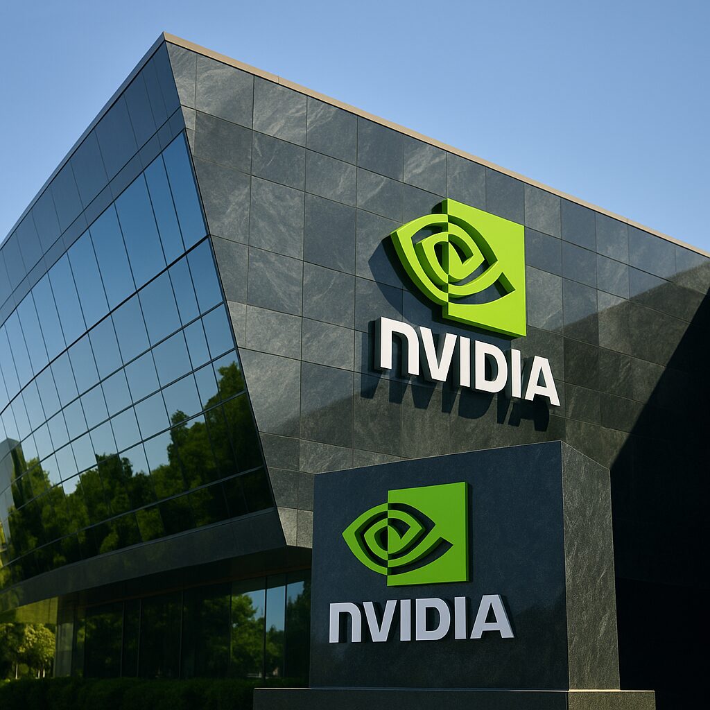 Der moderne NVIDIA-Hauptsitz in Santa Clara mit großem Firmenlogo an der Gebäudefassade – Symbol für das rasante Wachstum des Unternehmens.