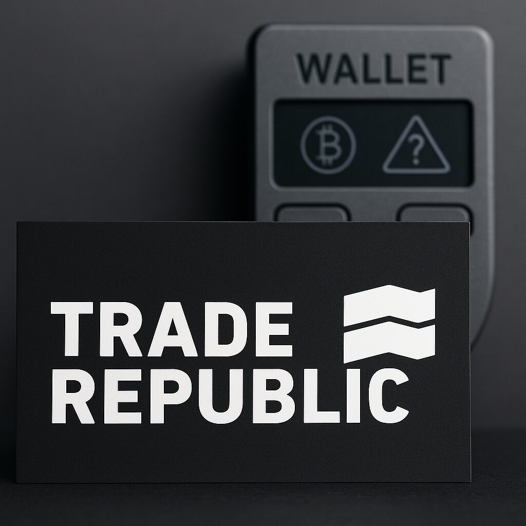 Trade Republic Logo vor einer angedeuteten Krypto-Wallet – Symbolbild zur Einführung der neuen Wallet-Funktion und den damit verbundenen Einschränkungen.