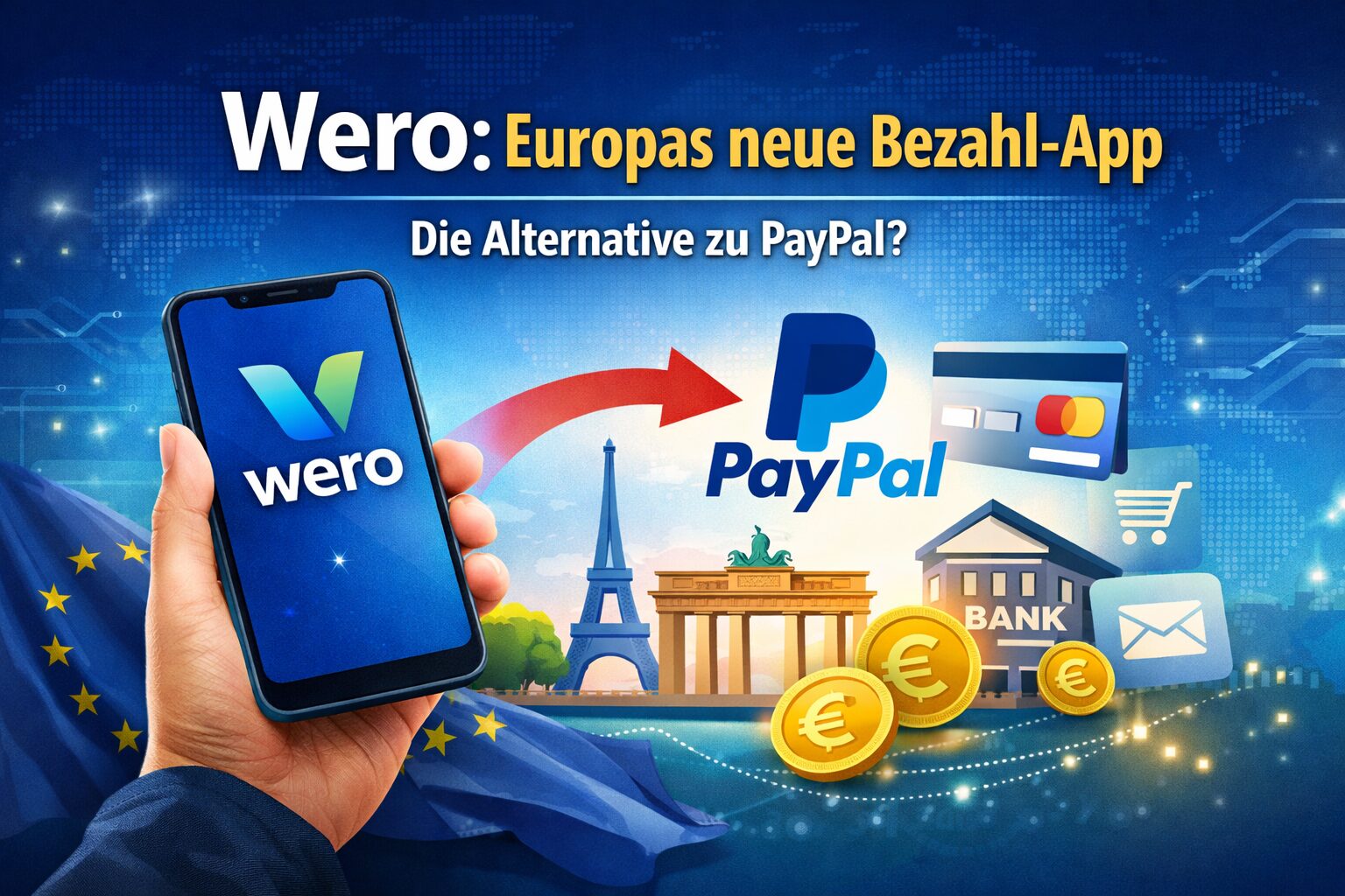 Smartphone mit Wero App als europäische Alternative zu PayPal im digitalen Zahlungsverkehr