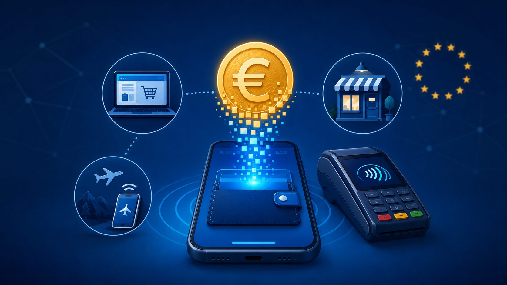 Digitaler Euro über einer Smartphone-Wallet mit Onlinehandel, Ladengeschäft und kontaktlosem Bezahlterminal