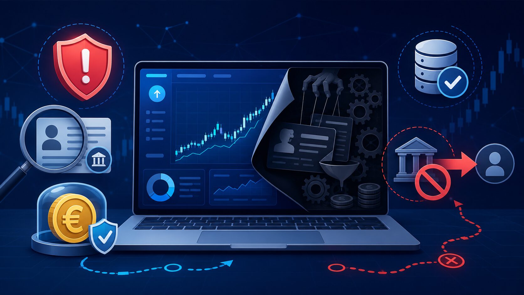 Manipulierte Tradingplattform mit Warnsymbolen, Identitätsprüfung und blockierter Überweisung